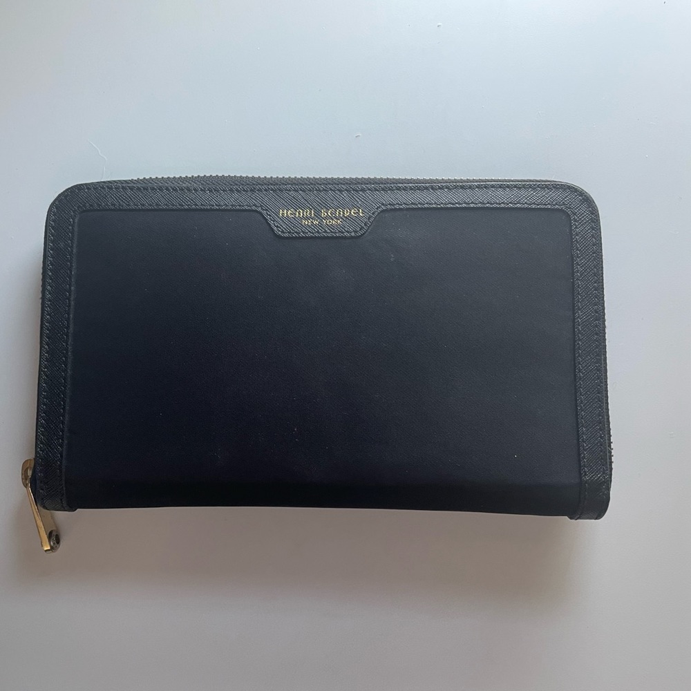 Henri Bendel Black Continental Wallet w/ Purple Interior